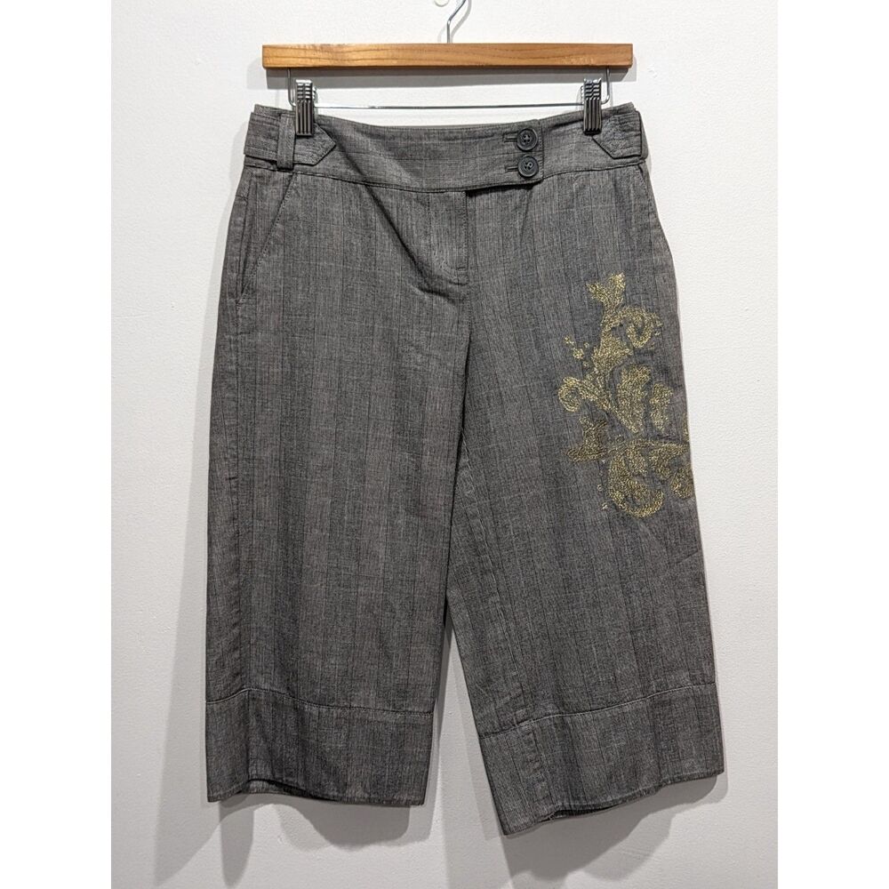 Ann Taylor LOFT Gaucho Culotte Pants 2 Gray Plaid Gold Embroidered Wide Leg